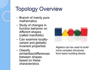 Topology Overview
 Branch of mainly pure
mathematics
 Study of changes in
function behavior on
different shapes
(called manifolds)
 Can examine locally-
variant and globally-
invariant properties
 Classify
similarities/differences
between shapes
based on these
characteristics
Algebra can be used to build
more complex structures
from basic building blocks
 