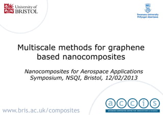 Multiscale methods for graphene
         based nanocomposites
       Nanocomposites for Aerospace Applications
        Symposium, NSQI, Bristol, 12/02/2013




www.bris.ac.uk/composites
 