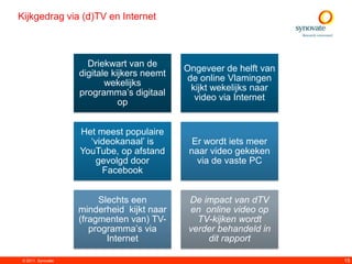 Kijkgedrag via (d)TV en Internet



                      Driekwart van de
                                             Ongeveer de helft van
                    digitale kijkers neemt
                                              de online Vlamingen
                           wekelijks
                                               kijkt wekelijks naar
                    programma‟s digitaal
                                                video via Internet
                               op


                    Het meest populaire
                      „videokanaal‟ is         Er wordt iets meer
                    YouTube, op afstand       naar video gekeken
                        gevolgd door            via de vaste PC
                         Facebook


                         Slechts een          De impact van dTV
                    minderheid kijkt naar     en online video op
                    (fragmenten van) TV-        TV-kijken wordt
                       programma‟s via        verder behandeld in
                           Internet               dit rapport

 © 2011. Synovate                                                     15
 