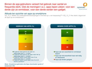 Binnen de app-gebruikers varieert het gebruik naar aantal en
frequentie sterk. Ook de meningen t.a.v. apps lopen uiteen: voor een
derde zijn ze onmisbaar, voor een derde eerder een gadget.
Attitude ten opzichte van apps op smartphone
Q3_13_2. Welke van onderstaande beschrijvingen is het best op u van toepassing?? / Q3_13_3. Hoe staat u tegenover
de apps op uw smartphone?




                    GEBRUIK VAN APPS (%)                                 MENING OVER APPS (%)


                                  21
                                                                                       36
                                   6


                                  37
                                                                                       35


                                  36                                                   29

                Ik gebruik breed gamma aan apps op                    Apps zijn een essentieel en onmisbaar
                regelmatige basis (> 1x:week)                         aspect
                ik gebruik breed gamma aan apps maar niet op
                regelmatige basis (< 1x/week)                         Apps zijn niet essentieel maar wel nuttig
                Ik gebruik beperkt aantal apps (max 3) op             en interessant
                regelmatige basis (> 1x/week)
                ik gebruik beperkt aantal apps (max 3) en dit         Apps zijn eerder gadgets
                slechts sporadisch

Basis: Smartphone gebruikers die Apps downloaden (gratis of
betalend)(n=49)
 © 2011. Synovate                                                                                                   20
 