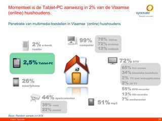 Momenteel is de Tablet-PC aanwezig in 2% van de Vlaamse
(online) huishoudens.

Penetratie van multimedia-toestellen in Vlaamse (online) huishoudens



                                                99%        76% laptop
                    2% e-book                   computer   72% desktop
                    reader                                 12% netbook


               2,5% Tablet-PC                                            72% DTV
                                                                         65% flat screen
                                                                         34% klassieke beeldbuis
                                                                         2% TV met webapplicaties
             26%                                                         2% 3D TV
             smartphone
                                                                         55% DVD-recorder
                                                                         13% HD-recorder
                             44% spelconsoles                            7% mediacenter
                             39% vast                      51% mp3
                             22% mobiel
Basis: Random sample (n=303)
 © 2011. Synovate                                                                              25
 