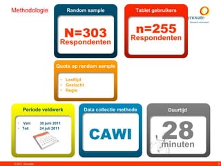 Methodologie                      Random sample             Tablet gebruikers




                                  N=303                     n=255
                                                          Respondenten
                              Respondenten


                            Quota op random sample

                              • Leeftijd
                              • Geslacht
                              • Regio



       Periode veldwerk                Data collectie methode            Duurtijd




                                                                      28
   • Van:          30 juni 2011



                                           CAWI
   • Tot:          24 juli 2011



                                                                      minuten

© 2011. Synovate                                                                    3
 