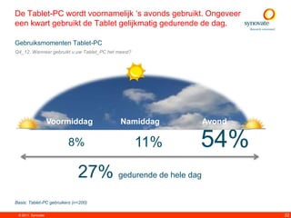 De Tablet-PC wordt voornamelijk „s avonds gebruikt. Ongeveer
een kwart gebruikt de Tablet gelijkmatig gedurende de dag.

Gebruiksmomenten Tablet-PC
Q4_12. Wanneer gebruikt u uw Tablet_PC het meest?




                    Voormiddag              Namiddag      Avond

                         8%                         11%   54%
                              27% gedurende de hele dag
Basis: Tablet-PC gebruikers (n=200)

 © 2011. Synovate                                                 32
 