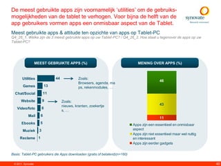 De meest gebruikte apps zijn voornamelijk „utilities‟ om de gebruiks-
mogelijkheden van de tablet te verhogen. Voor bijna de helft van de
app gebruikers vormen apps een onmisbaar aspect van de Tablet.
Meest gebruikte apps & attitude ten opzichte van apps op Tablet-PC
Q4_26_1. Welke zijn de 3 meest gebruikte apps op uw Tablet-PC? / Q4_26_2. Hoe staat u tegenover de apps op uw
Tablet-PC?




                    MEEST GEBRUIKTE APPS (%)                                     MENING OVER APPS (%)



       Utilities                   44             Zoals:
                                                                                               46
                                                  Browsers, agenda, ma
        Games                 13                  ps, rekenmodules, …
  Chat/Social             11

      Website             9             Zoals:
                                        nieuws, kranten, zoekertje                             43
   Video/foto             8
                                        s, …
            Mail      6
                                                                                               11
       Ebooks         5                                                       Apps zijn een essentieel en onmisbaar
        Muziek        3                                                       aspect
                                                                              Apps zijn niet essentieel maar wel nuttig
     Reclame 1                                                                en interessant
                                                                              Apps zijn eerder gadgets

Basis: Tablet-PC gebruikers die Apps downloaden (gratis of betalend)(n=160)

 © 2011. Synovate                                                                                                         40
 
