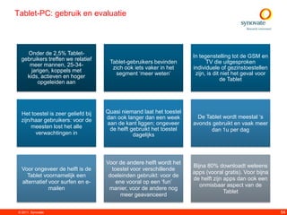 Tablet-PC: gebruik en evaluatie



    Onder de 2,5% Tablet-
                                                                     In tegenstelling tot de GSM en
  gebruikers treffen we relatief
                                     Tablet-gebruikers bevinden            TV die uitgesproken
     meer mannen, 25-34-
                                      zich ook iets vaker in het     individuele of gezinstoestellen
      jarigen, koppels met
                                       segment „meer weten‟           zijn, is dit niet het geval voor
    kids, actieven en hoger
                                                                                   de Tablet
         opgeleiden aan




  Het toestel is zeer geliefd bij   Quasi niemand laat het toestel
                                    dan ook langer dan een week        De Tablet wordt meestal „s
  zijn/haar gebruikers: voor de
                                    aan de kant liggen; ongeveer     avonds gebruikt en vaak meer
       meesten lost het alle         de helft gebruikt het toestel          dan 1u per dag
        verwachtingen in                       dagelijks



                                    Voor de andere helft wordt het
                                                                     Bijna 80% downloadt weleens
   Voor ongeveer de helft is de       toestel voor verschillende
                                                                     apps (vooral gratis). Voor bijna
     Tablet voornamelijk een         doeleinden gebruikt: voor de
                                                                     de helft zijn apps dan ook een
   alternatief voor surfen en e-        ene vooral op een „fun‟
                                                                        onmisbaar aspect van de
               mailen                manier, voor de andere nog
                                                                                   Tablet
                                          meer geavanceerd


 © 2011. Synovate                                                                                        54
 