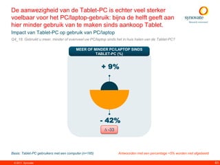 De aanwezigheid van de Tablet-PC is echter veel sterker
voelbaar voor het PC/laptop-gebruik: bijna de helft geeft aan
hier minder gebruik van te maken sinds aankoop Tablet.
Impact van Tablet-PC op gebruik van PC/laptop
Q4_18. Gebruikt u meer, minder of evenveel uw PC/laptop sinds het in huis halen van de Tablet-PC?

                                        MEER OF MINDER PC/LAPTOP SINDS
                                                 TABLET-PC (%)


                                                       + 9%




                                                       - 42%
                                                       ∆ -33




Basis: Tablet-PC gebruikers met een computer (n=185)           Antwoorden met een percentage <5% worden niet afgebeeld

 © 2011. Synovate                                                                                                        61
 