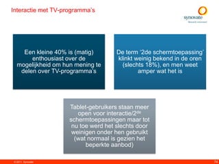 Interactie met TV-programma‟s




    Een kleine 40% is (matig)        De term „2de schermtoepassing‟
       enthousiast over de           klinkt weinig bekend in de oren
  mogelijkheid om hun mening te        (slechts 18%), en men weet
   delen over TV-programma‟s                 amper wat het is




                    Tablet-gebruikers staan meer
                       open voor interactie/2de
                    schermtoepassingen maar tot
                     nu toe werd het slechts door
                     weinigen onder hen gebruikt
                      (wat normaal is gezien het
                          beperkte aanbod)

© 2011. Synovate                                                       74
 