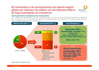 Bij niet-bezitters is de aankoopintentie zeer beperkt wegens
gebrek aan interesse, het voldoen van een klassieke GSM en
de hoge aankoopprijs van smartphone.
Aankoopintentie smartphone bij niet-bezitters
Q3_1. Heeft u een smartphone? / Q3_16. In welke mate bent u van plan om in de komende 6 maanden een smartphone
aan te schaffen? / Q3_17. Om welke reden(en) bent u geïnteresseerd in een smartphone? / Q3_18. Om welke reden(en)
bent u niet geïnteresseerd in een smartphone?
  SMARTPHONE BEZIT (%)                    AANKOOPINTENTIE (%)                    HOOFDREDENEN (%)

                                                                                         n=32

                                                     1                          Internet: 25%
                                                     2                    Gemakkelijk / handig: 17%
                                     Top 3           9               12
                                                                                    E-mail: 16%
                                                                             Meer mogelijkheden: 11%
                                                    41                    Heb een nieuwe GSM nodig: 10%

         26                                                                       Weet niet: 19%
                           (n=223)
                    74
                                                    47
                                     Bot 2                           88                 n=191
                                                                             Geen interesse /
          Ja         Nee                       Zeker wel                     overbodig: 46%
                                               Waarschijnlijk wel            Heb voldoende aan
                                               Misschien                     klassieke GSM: 29%
                                               Waarschijnlijk niet           Te duur: 24%
                                               Zeker niet                    Weet niet: 7%

Basis: Random sample (n=303)

 © 2011. Synovate                                                                                                   22
 