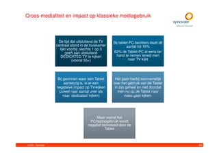Cross-medialiteit en impact op klassieke mediagebruik



                     De tijd dat uitsluitend de TV    Bij tablet-PC-bezitters daalt dit
                    centraal stond in de huiskamer             aantal tot 16%
                      lijkt voorbij: slechts 1 op 3
                          geeft aan uitsluitend       62% de Tablet-PC al eens ter
                      DEDICATED TV te kijken            hand te nemen terwijl men
                              (vooral 55+)                      naar TV kijkt




                     Bij gezinnen waar een Tablet      Het gaat hierbij voornamelijk
                          aanwezig is, is er een      over het gebruik van de Tablet
                    negatieve impact op TV-kijken      in zijn geheel en niet doordat
                      (zowel naar aantal uren als        men nu op de Tablet naar
                         naar ‘dedicated’ kijken)             video gaat kijken.




                                            Maar vooral het
                                        PC/laptopgebruik wordt
                                       negatief beïnvloed door de
                                                 Tablet



 © 2011. Synovate                                                                         64
 