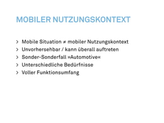 http://www.cxpartners.co.uk/cxblog/mobile-app-or-mobile-web/
https://twitter.com/#!/globalmoxie/status/192268677305999361
Cennydd Bowles
Don‘t cut content or
features just because
people happen to be on
a small screen.
 