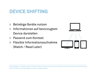 Synchronisation
Dropbox synchronisiert geräteübergreifend Dateien zwischen verschiedenen Rechnern und Benutzern.
Über eine Schnittstelle können auch andere Applikationen den Service nutzen (z.B. iAWriter und Plaintext).
 
