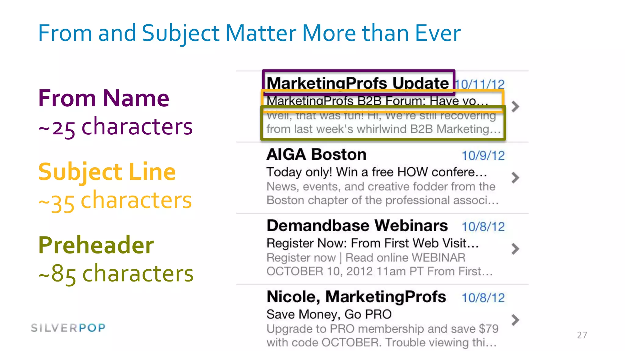 From and Subject Matter More than Ever

From Name
~25 characters
Subject Line
~35 characters
Preheader
~85 characters

                                         27
 