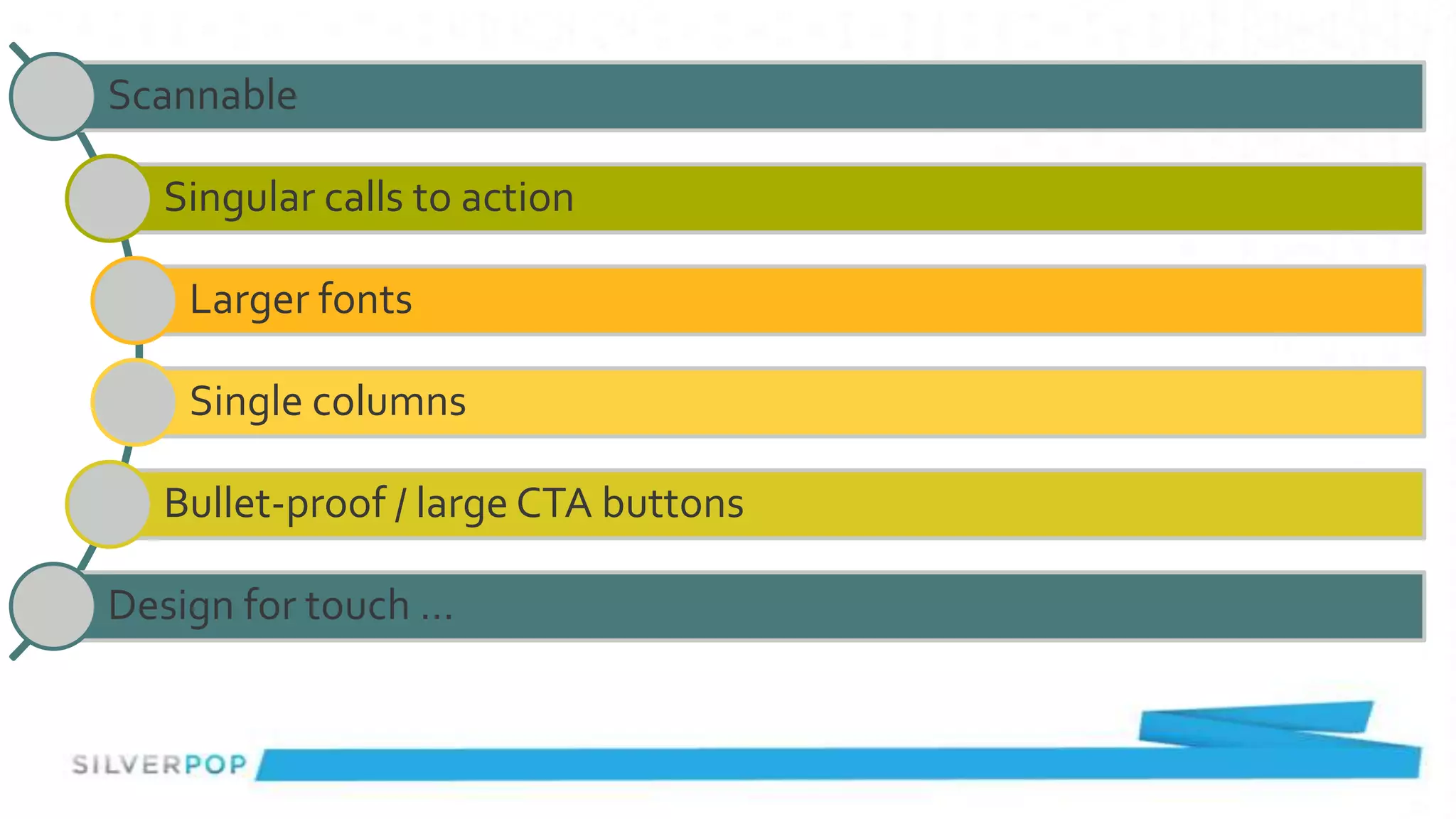 Scannable

  Singular calls to action

    Larger fonts

    Single columns

  Bullet-proof / large CTA buttons

Design for touch …
 