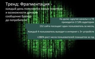 Тренд: Фрагментация -
каждый день появляются новые носители
и возможности донести
сообщение бренда
до потребителя На долю «другие каналы» в ТВ
приходится 17,8% аудитории
Каждый 4 пользователь выходит в интернет с 3+ устройств
+286% рост числа пользователей планшетов за год
152 сайта посещает один пользователь за месяц
 