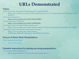 URLs Demonstrated
Videos
“Three Ways to Use Appropriate Tools Strategically” blog by Jeff Sadlier
• https://www.sadlier.com/school/sadlier-math-blog/three-ways-to-use-appropriate-tools-strategically-math-
practice-5
“Place Value Introduction”
• https://www.youtube.com/watch?v=fshyCNqHIbw
“Number Rock Place Value Song”
• https://www.youtube.com/watch?v=a4FXl4zb3E4
“Learning to Count to 10 Using 10 Blocks Number Line”
• https://www.youtube.com/watch?v=ji-jsPbovv0&index=5&list=PLm4gYQg22haYidp4sISJMX_h4xC7gXKQ_
“Learning to Count to 20 with Place Value Hands On Money”
• https://www.youtube.com/watch?v=45yeM-
At9F4&index=4&list=PLm4gYQg22haYidp4sISJMX_h4xC7gXKQ_
Sources of Home Made Manipulatives
“Math Toolbox in Every Home”
• http://mathcats.org/
Printable instructions for making and using manipulatives
“15 Homemade Math Manipulatives”
• http://theendinmind.net/15-homemade-math-manipulatives-2/
 