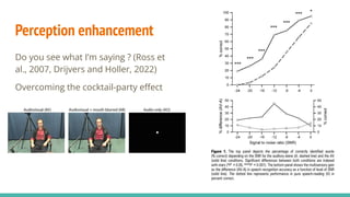 Perception enhancement
Do you see what I’m saying ? (Ross et
al., 2007, Drijvers and Holler, 2022)
Overcoming the cocktail-party eﬀect
 
