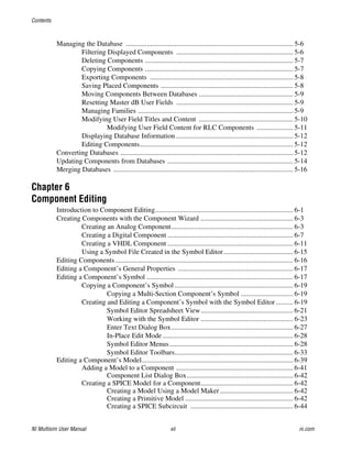 Contents
NI Multisim User Manual xii ni.com
Managing the Database ................................................................................................ 5-6
Filtering Displayed Components ................................................................... 5-6
Deleting Components ..................................................................................... 5-7
Copying Components ..................................................................................... 5-7
Exporting Components .................................................................................. 5-8
Saving Placed Components ............................................................................ 5-8
Moving Components Between Databases ...................................................... 5-9
Resetting Master dB User Fields ................................................................... 5-9
Managing Families ......................................................................................... 5-9
Modifying User Field Titles and Content ...................................................... 5-10
Modifying User Field Content for RLC Components ..................... 5-11
Displaying Database Information ................................................................... 5-12
Editing Components........................................................................................ 5-12
Converting Databases ................................................................................................... 5-12
Updating Components from Databases ........................................................................ 5-14
Merging Databases ....................................................................................................... 5-16
Chapter 6
Component Editing
Introduction to Component Editing............................................................................... 6-1
Creating Components with the Component Wizard ..................................................... 6-3
Creating an Analog Component...................................................................... 6-3
Creating a Digital Component ........................................................................ 6-7
Creating a VHDL Component ........................................................................ 6-11
Using a Symbol File Created in the Symbol Editor........................................ 6-15
Editing Components...................................................................................................... 6-16
Editing a Component’s General Properties .................................................................. 6-17
Editing a Component’s Symbol .................................................................................... 6-17
Copying a Component’s Symbol .................................................................... 6-19
Copying a Multi-Section Component’s Symbol .............................. 6-19
Creating and Editing a Component’s Symbol with the Symbol Editor .......... 6-19
Symbol Editor Spreadsheet View..................................................... 6-21
Working with the Symbol Editor ..................................................... 6-23
Enter Text Dialog Box...................................................................... 6-27
In-Place Edit Mode........................................................................... 6-28
Symbol Editor Menus....................................................................... 6-28
Symbol Editor Toolbars.................................................................... 6-33
Editing a Component’s Model....................................................................................... 6-39
Adding a Model to a Component ................................................................... 6-41
Component List Dialog Box............................................................. 6-42
Creating a SPICE Model for a Component..................................................... 6-42
Creating a Model Using a Model Maker.......................................... 6-42
Creating a Primitive Model .............................................................. 6-42
Creating a SPICE Subcircuit ........................................................... 6-44
 
