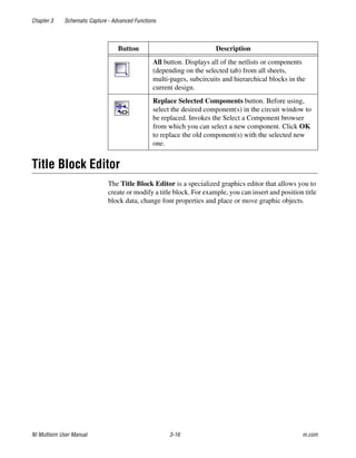 Chapter 3 Schematic Capture - Advanced Functions
NI Multisim User Manual 3-16 ni.com
Title Block Editor
The Title Block Editor is a specialized graphics editor that allows you to
create or modify a title block. For example, you can insert and position title
block data, change font properties and place or move graphic objects.
All button. Displays all of the netlists or components
(depending on the selected tab) from all sheets,
multi-pages, subcircuits and hierarchical blocks in the
current design.
Replace Selected Components button. Before using,
select the desired component(s) in the circuit window to
be replaced. Invokes the Select a Component browser
from which you can select a new component. Click OK
to replace the old component(s) with the selected new
one.
Button Description
 