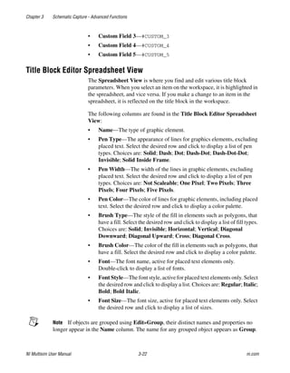 Chapter 3 Schematic Capture - Advanced Functions
NI Multisim User Manual 3-22 ni.com
• Custom Field 3—#CUSTOM_3
• Custom Field 4—#CUSTOM_4
• Custom Field 5—#CUSTOM_5
Title Block Editor Spreadsheet View
The Spreadsheet View is where you find and edit various title block
parameters. When you select an item on the workspace, it is highlighted in
the spreadsheet, and vice versa. If you make a change to an item in the
spreadsheet, it is reflected on the title block in the workspace.
The following columns are found in the Title Block Editor Spreadsheet
View:
• Name—The type of graphic element.
• Pen Type—The appearance of lines for graphics elements, excluding
placed text. Select the desired row and click to display a list of pen
types. Choices are: Solid; Dash; Dot; Dash-Dot; Dash-Dot-Dot;
Invisible; Solid Inside Frame.
• Pen Width—The width of the lines in graphic elements, excluding
placed text. Select the desired row and click to display a list of pen
types. Choices are: Not Scaleable; One Pixel; Two Pixels; Three
Pixels; Four Pixels; Five Pixels.
• Pen Color—The color of lines for graphic elements, including placed
text. Select the desired row and click to display a color palette.
• Brush Type—The style of the fill in elements such as polygons, that
have a fill. Select the desired row and click to display a list of fill types.
Choices are: Solid; Invisible; Horizontal; Vertical; Diagonal
Downward; Diagonal Upward; Cross; Diagonal Cross.
• Brush Color—The color of the fill in elements such as polygons, that
have a fill. Select the desired row and click to display a color palette.
• Font—The font name, active for placed text elements only.
Double-click to display a list of fonts.
• Font Style—The font style, active for placed text elements only. Select
the desired row and click to display a list. Choices are: Regular; Italic;
Bold; Bold Italic.
• Font Size—The font size, active for placed text elements only. Select
the desired row and click to display a list of sizes.
Note If objects are grouped using Edit»Group, their distinct names and properties no
longer appear in the Name column. The name for any grouped object appears as Group.
 