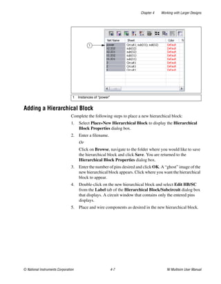 Chapter 4 Working with Larger Designs
© National Instruments Corporation 4-7 NI Multisim User Manual
Adding a Hierarchical Block
Complete the following steps to place a new hierarchical block:
1. Select Place»New Hierarchical Block to display the Hierarchical
Block Properties dialog box.
2. Enter a filename.
Or
Click on Browse, navigate to the folder where you would like to save
the hierarchical block and click Save. You are returned to the
Hierarchical Block Properties dialog box.
3. Enter the number of pins desired and click OK. A “ghost” image of the
new hierarchical block appears. Click where you want the hierarchical
block to appear.
4. Double-click on the new hierarchical block and select Edit HB/SC
from the Label tab of the Hierarchical Block/Subcircuit dialog box
that displays. A circuit window that contains only the entered pins
displays.
5. Place and wire components as desired in the new hierarchical block.
1 Instances of “power”
 