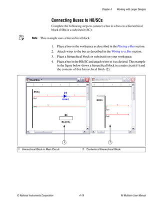 Chapter 4 Working with Larger Designs
© National Instruments Corporation 4-19 NI Multisim User Manual
Connecting Buses to HB/SCs
Complete the following steps to connect a bus to a bus on a hierarchical
block (HB) or a subcircuit (SC):
Note This example uses a hierarchical block.
1. Place a bus on the workspace as described in the Placing a Bus section.
2. Attach wires to the bus as described in the Wiring to a Bus section.
3. Place a hierarchical block or subcircuit on your workspace.
4. Place a bus in the HB/SC and attach wires to it as desired. The example
in the figure below shows a hierarchical block in a main circuit (1) and
the contents of that hierarchical block (2).
1 Hierarchical Block in Main Circuit 2 Contents of Hierarchical Block
 