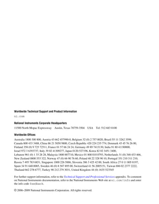 Support
Worldwide Technical Support and Product Information
ni.com
National Instruments Corporate Headquarters
11500 North Mopac Expressway Austin, Texas 78759-3504 USA Tel: 512 683 0100
Worldwide Offices
Australia 1800 300 800, Austria 43 662 457990-0, Belgium 32 (0) 2 757 0020, Brazil 55 11 3262 3599,
Canada 800 433 3488, China 86 21 5050 9800, Czech Republic 420 224 235 774, Denmark 45 45 76 26 00,
Finland 358 (0) 9 725 72511, France 01 57 66 24 24, Germany 49 89 7413130, India 91 80 41190000,
Israel 972 3 6393737, Italy 39 02 41309277, Japan 0120-527196, Korea 82 02 3451 3400,
Lebanon 961 (0) 1 33 28 28, Malaysia 1800 887710, Mexico 01 800 010 0793, Netherlands 31 (0) 348 433 466,
New Zealand 0800 553 322, Norway 47 (0) 66 90 76 60, Poland 48 22 328 90 10, Portugal 351 210 311 210,
Russia 7 495 783 6851, Singapore 1800 226 5886, Slovenia 386 3 425 42 00, South Africa 27 0 11 805 8197,
Spain 34 91 640 0085, Sweden 46 (0) 8 587 895 00, Switzerland 41 56 2005151, Taiwan 886 02 2377 2222,
Thailand 662 278 6777, Turkey 90 212 279 3031, United Kingdom 44 (0) 1635 523545
For further support information, refer to the Technical Support and Professional Services appendix. To comment
on National Instruments documentation, refer to the National Instruments Web site at ni.com/info and enter
the info code feedback.
© 2006–2009 National Instruments Corporation. All rights reserved.
 