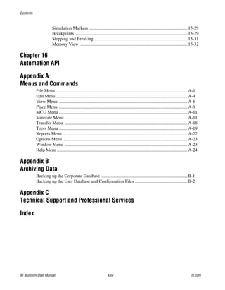 Contents
NI Multisim User Manual xxiv ni.com
Simulation Markers ........................................................................................ 15-29
Breakpoints .................................................................................................... 15-29
Stepping and Breaking ................................................................................... 15-31
Memory View ................................................................................................ 15-32
Chapter 16
Automation API
Appendix A
Menus and Commands
File Menu....................................................................................................................... A-1
Edit Menu ...................................................................................................................... A-4
View Menu ................................................................................................................... A-6
Place Menu ................................................................................................................... A-9
MCU Menu ................................................................................................................... A-11
Simulate Menu .............................................................................................................. A-11
Transfer Menu .............................................................................................................. A-18
Tools Menu ................................................................................................................... A-19
Reports Menu ............................................................................................................... A-22
Options Menu ............................................................................................................... A-23
Window Menu .............................................................................................................. A-23
Help Menu..................................................................................................................... A-24
Appendix B
Archiving Data
Backing up the Corporate Database ............................................................................. B-1
Backing up the User Database and Configuration Files ............................................... B-2
Appendix C
Technical Support and Professional Services
Index
 