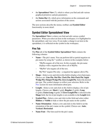 Chapter 6 Component Editing
© National Instruments Corporation 6-21 NI Multisim User Manual
• the Spreadsheet View (7), which is where you find and edit various
graphical primitives and pin parameters.
• the Status Bar (8), which gives information on the commands and
actions associated with the position of the cursor.
The next sections describe the menus, toolbars and Symbol Editor
functionality in more detail.
Symbol Editor Spreadsheet View
The Spreadsheet View is where you find and edit various symbol
parameters. When you select an item on the workspace, it is highlighted in
the spreadsheet, and vice versa. If you make a change to an item in the
spreadsheet, it is reflected on the symbol in the workspace.
Pins Tab
The Pins tab of the Symbol Editor Spreadsheet View contains the
following columns:
• Name—The pin’s name. You can perform full or partial negation on
pin names by using the ^ symbol, as shown in the examples below:
– ^MyPin negates all of the text. In this example, the pin name
displays with a negation bar above all of MyPin.
– ^MyPin^ also negates all of the text.
– My^Pin^ negates Pin only—a negation bar appears above Pin.
• Shape—Select a row and click in this field to display a list of pin types.
Choices are: Line Pin; Dot Pin; Clock Pin; Dot-Clock Pin; Input
Wedge Pin; Output Wedge Pin; Zero-Length Pin. Select the desired
pin type. The symbol changes to reflect your selection. Refer to the
Pins section for more information about pins.
• Length—Select a row and click in this field to display a list of pin
lengths. Choices are: Short (1 grid); Regular (2 grids); Long
(3 grids); Extra Long (4 grids). If Zero-Length Pin is selected in the
Shape field, the list of pin lengths is not available in the Length field.
• Symbol Pins—Select a row and click in this field and select either
Hidden or Visible to hide or show the pin name on the symbol.
• Name Orientation—Select a row and click in this field to set the
orientation of the pin’s name on the symbol. Choices are: Auto;
Vertical; Horizontal.
• Name Font—The font used for the pin’s name.
 