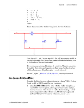 Chapter 6 Component Editing
© National Instruments Corporation 6-45 NI Multisim User Manual
+ XTI = 3
+ KF = 0
+ AF = 1
+ FC = 0.5
+ IBV = 0.0001
+ TNOM = 27
+ )
.ENDS
This is the subcircuit for the following circuit drawn in Multisim:
Note that nodes 1 and 2 are the two nodes that will be connected outside of
the subcircuit model. They are defined as external nodes by including them
in the first line of the subcircuit model.
The resistors, capacitor, and diode are all primitives. The only parameters
defined for the resistors and capacitor are their values, but the diode has
additional parameters defined using the .model statement.
Refer to Chapter 7, Multisim SPICE Reference, for more information.
Loading an Existing Model
Complete the following steps to load or import an existing VHDL, Verilog,
Ccode model, or SPICE model for your component:
1. Click Load Model From File in the Select a Model dialog box. A
standard file browser appears, allowing you to choose the file type,
name and location of the files to be loaded. Before loading a netlist,
make sure you know what folder it is in. Most Bspice, Xspice and
Cadence® PSpice® netlists end in extensions .cir or .net.
 