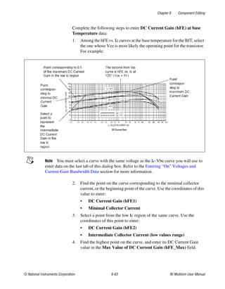 Chapter 6 Component Editing
© National Instruments Corporation 6-63 NI Multisim User Manual
Complete the following steps to enter DC Current Gain (hFE) at base
Temperature data:
1. Among the hFE vs. Ic curves at the base temperature for the BJT, select
the one whose Vce is most likely the operating point for the transistor.
For example:
Note You must select a curve with the same voltage as the Ic-Vbe curve you will use to
enter data on the last tab of this dialog box. Refer to the Entering “On” Voltages and
Current-Gain Bandwidth Data section for more information.
2. Find the point on the curve corresponding to the minimal collector
current, or the beginning point of the curve. Use the coordinates of this
value to enter:
• DC Current Gain (hFE1)
• Minimal Collector Current
3. Select a point from the low Ic region of the same curve. Use the
coordinates of this point to enter:
• DC Current Gain (hFE2)
• Intermediate Collector Current (low values range)
4. Find the highest point on the curve, and enter its DC Current Gain
value in the Max Value of DC Current Gain (hFE_Max) field.
 