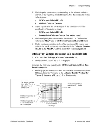 Chapter 6 Component Editing
© National Instruments Corporation 6-65 NI Multisim User Manual
3. Find the point on the curve corresponding to the minimal collector
current, or the beginning point of the curve. Use the coordinates of this
value to enter:
• DC Current Gain (hFE1_t2)
• Minimal Collector Current
4. Select a point from the low Ic region of the same curve. Use the
coordinates of this point to enter:
• DC Current Gain (hFE2_t2)
• Intermediate Collector Current (low values range)
5. Find the highest point on the curve, and enter its DC Current Gain
value in the Max Value of DC Current Gain (hFE_Maxt2) field.
6. Find a point corresponding to 0.5 of the maximum DC current gain
value in the low Ic region and enter its value in the Collector Current
(IL_t2) at 0.5 Max DC Current Gain (low values range) field.
Entering “On” Voltages and Current-Gain Bandwidth Data
1. Click the “On” Voltages, Current-Gain Bandw tab.
2. In the databook, locate the Ic vs. Vbe graph.
Complete the following steps to enter DC Current Gain (hFE) at Base
Temperature data:
1. On the graph, locate the curve with the same Vce as the one used in the
hFE data. Enter its Vce value in the Collector-Emitter Voltage for
Vbe vs. Ic (same as hFE curve) field. For example:
 