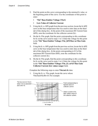 Chapter 6 Component Editing
NI Multisim User Manual 6-66 ni.com
2. Find the point on this curve corresponding to the minimal Ic value, or
the beginning point of the curve. Use the coordinates of this point to
enter:
• “On” Base-Emitter Voltage (Vbe1)
• Low-Value of Collector Current
3. Using the Ic vs. hFE graph from the previous section, locate the Ic-hFE
curve at the base temperature that was used to enter data on the third
tab of this dialog box. At the point of the maximum DC Current Gain
(hFE), note the coordinate for the collector current (Ic).
4. On the Ic-Vbe graph, find the point corresponding to this coordinate
for Ic on the curve used in steps 1 to 3. Enter the voltage for this point
in the “On” Base-Emitter Voltage (Vbe_hFEMax) at Max Gain
field.
5. Using the Ic vs. hFE graph from the previous section, locate the Ic-hFE
curve at the base temperature that was used to enter data on the third
tab of this dialog box. At the point corresponding to 0.5 of the
maximum DC Current Gain (hFE), note the coordinate for the
collector current (Ic).
6. On the Ic-Vbe graph, find the point corresponding to this coordinate
for Ic on the curve used in steps 1 to 4. Enter the voltage for this point
in the “On” Base-Emitter Voltage (Vbe_iL) at 0.5 Max Gain
Collector Current (low values range) field.
Complete the following steps to enter Vbe(sat)-Ic data:
1. Using the Ic vs. Vbe graph, locate the curve whose
Vbe(Sat)@Ic/Ib=10. For example:
 