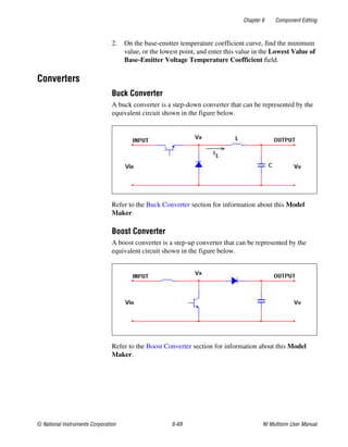 Chapter 6 Component Editing
© National Instruments Corporation 6-69 NI Multisim User Manual
2. On the base-emitter temperature coefficient curve, find the minimum
value, or the lowest point, and enter this value in the Lowest Value of
Base-Emitter Voltage Temperature Coefficient field.
Converters
Buck Converter
A buck converter is a step-down converter that can be represented by the
equivalent circuit shown in the figure below.
Refer to the Buck Converter section for information about this Model
Maker.
Boost Converter
A boost converter is a step-up converter that can be represented by the
equivalent circuit shown in the figure below.
Refer to the Boost Converter section for information about this Model
Maker.
 