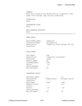 Chapter 6 Component Editing
© National Instruments Corporation 6-105 NI Multisim User Manual
SUMMARY
This file contains the definition of a capacitor code
model with voltage type initial conditions.
INTERFACES
None.
REFERENCED FILES
None.
NON-STANDARD FEATURES
None.
==================================================== */
NAME_TABLE:
Spice_Model_Name: capacitor
C_Function_Name: cm_capacitor
Description: “Capacitor with voltage initial
condition”
PORT_TABLE:
Port_Name: cap
Description: “capacitor terminals”
Direction: inout
Default_Type: hd
Allowed_Types: [hd]
Vector: no
Vector_Bounds: -
Null_Allowed: no
PARAMETER_TABLE:
Parameter_Name: c ic
Description: “capacitance” “voltage initial
condition”
Data_Type: real real
Default_Value: - 0.0
Limits: - -
Vector: no no
Vector_Bounds: - -
Null_Allowed: no no
 