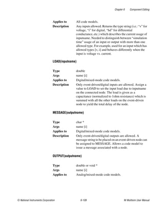 Chapter 6 Component Editing
© National Instruments Corporation 6-109 NI Multisim User Manual
LOAD(inputname)
MESSAGE(outputname)
OUTPUT(outputname)
Applies to All code models.
Description Any inputs allowed. Returns the type string (i.e.: “v” for
voltage, “i” for digital, “hd” for differential
conductance, etc.) which describes the current usage of
inputname. Needed to distinguish between “simulation
time” usage of an input or output with more than one
allowed type. For example, used for an input which has
allowed types [v, i] and behaves differently when the
input is voltage vs. current.
Type double
Args name [i]
Applies to Digital/mixed-mode code models.
Description Only event-driven/digital inputs are allowed. Assign a
value to LOAD to set the input load due to inputname
on the connected node. The load is given as a
capacitance (normalized to 1ohm resistance) which is
summed with all the other loads on the event-driven
node to yield the total delay of the node.
Type char *
Args name [i]
Applies to Digital/mixed-mode code models.
Description Only event-driven/digital outputs are allowed. A
message string to be placed on an event-driven node can
be assigned to MESSAGE. Allows a code model to
issue a message associated with a node.
Type double or void *
Args name [i]
Applies to Analog/mixed-mode code models.
 