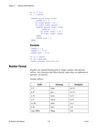 Chapter 7 Multisim SPICE Reference
NI Multisim User Manual 7-8 ni.com
R1 51 0 {pi}
X1 1 2 mysub
.SUBCKT mysub node1 node2
.PARAM pi = 2
R2 node1 node2 { pi }
X2 node3 node2 mysub2
.SUBCKT mysub2 node1 node2
.PARAM pi = 3
R3 node1 node2 { pi }
R4 node1 node2 {varb}
.ENDS
.PARAM varb = 4
.ENDS
Examples
.PARAM a = 6
.PARAM n = {0.5}
.PARAM maxV = a+10
V1 in 0 {maxV}
D1 in 3 mydiode
.model mydiode d(n={n+0.01})
Number Format
Numbers are standard floating point or integer numbers with optional
suffixes. Any characters that follow directly, unless they are mathematical
operators, are ignored.
Number suffixes:
Suffix Meaning Multiplier
f, F fento 1e-15
p, P pico 1e-12
n, N nano 1e-9
u, U micro 1e-6
m, M milli 1e-3
k, K Kilo 1e3
meg, MEG Mega 1e6
 