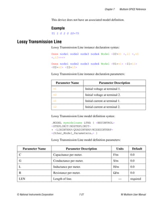 Chapter 7 Multisim SPICE Reference
© National Instruments Corporation 7-27 NI Multisim User Manual
This device does not have an associated model definition.
Example
T1 1 0 2 0 Z0=75
Lossy Transmission Line
Lossy Transmission Line instance declaration syntax:
Oxxx node1 node2 node3 node4 Model <IC=v1 <,i1 <,v2
<,i2>>>>
Oxxx node1 node2 node3 node4 Model <V1=v1> <I1=i1>
<V2=v2> <I2=i2>
Lossy Transmission Line instance declaration parameters:
Lossy Transmission Line model definition syntax:
.MODEL mymodelname LTRA ( <NOCONTROL>
<STEPLIMIT/NOSTEPLIMIT>
+ <LININTERP/QUADINTERP/MIXEDINTERP>
<Other_Model_Parameters…> )
Lossy Transmission Line model definition parameters:
Parameter Name Parameter Description
v1 Initial voltage at terminal 1.
v2 Initial voltage at terminal 2.
i1 Initial current at terminal 1.
i2 Initial current at terminal 2.
Parameter Name Parameter Description Units Default
C Capacitance per meter. F/m 0.0
G Conductance per meter. S/m 0.0
L Inductance per meter. H/m 0.0
R Resistance per meter. Ω/m 0.0
LEN Length of line. — required
 