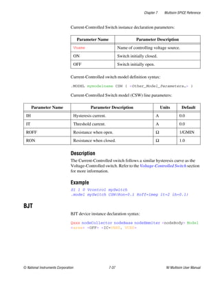 Chapter 7 Multisim SPICE Reference
© National Instruments Corporation 7-37 NI Multisim User Manual
Current-Controlled Switch instance declaration parameters:
Current-Controlled switch model definition syntax:
.MODEL mymodelname CSW ( <Other_Model_Parameters…> )
Current-Controlled Switch model (CSW) line parameters:
Description
The Current-Controlled switch follows a similar hysteresis curve as the
Voltage-Controlled switch. Refer to the Voltage-Controlled Switch section
for more information.
Example
S1 1 0 Vcontrol mySwitch
.model mySwitch CSW(Ron=0.1 Roff=1meg it=2 ih=0.1)
BJT
BJT device instance declaration syntax:
Qxxx nodeCollector nodeBase nodeEmmiter <nodeBody> Model
<area> <OFF> <IC=VBE0, VCE0>
Parameter Name Parameter Description
Vname Name of controlling voltage source.
ON Switch initially closed.
OFF Switch initially open.
Parameter Name Parameter Description Units Default
IH Hysteresis current. A 0.0
IT Threshold current. A 0.0
ROFF Resistance when open. Ω 1/GMIN
RON Resistance when closed. Ω 1.0
 