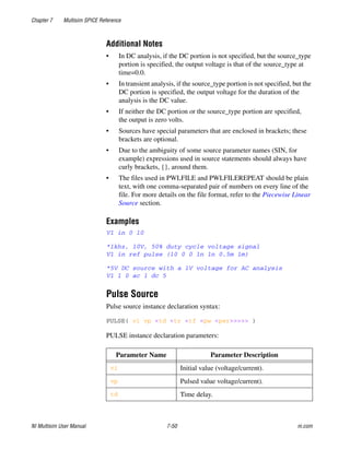 Chapter 7 Multisim SPICE Reference
NI Multisim User Manual 7-50 ni.com
Additional Notes
• In DC analysis, if the DC portion is not specified, but the source_type
portion is specified, the output voltage is that of the source_type at
time=0.0.
• In transient analysis, if the source_type portion is not specified, but the
DC portion is specified, the output voltage for the duration of the
analysis is the DC value.
• If neither the DC portion or the source_type portion are specified,
the output is zero volts.
• Sources have special parameters that are enclosed in brackets; these
brackets are optional.
• Due to the ambiguity of some source parameter names (SIN, for
example) expressions used in source statements should always have
curly brackets, {}, around them.
• The files used in PWLFILE and PWLFILEREPEAT should be plain
text, with one comma-separated pair of numbers on every line of the
file. For more details on the file format, refer to the Piecewise Linear
Source section.
Examples
V1 in 0 10
*1khz, 10V, 50% duty cycle voltage signal
V1 in ref pulse (10 0 0 1n 1n 0.5m 1m)
*5V DC source with a 1V voltage for AC analysis
V1 1 0 ac 1 dc 5
Pulse Source
Pulse source instance declaration syntax:
PULSE( vi vp <td <tr <tf <pw <per>>>>> )
PULSE instance declaration parameters:
Parameter Name Parameter Description
vi Initial value (voltage/current).
vp Pulsed value voltage/current).
td Time delay.
 