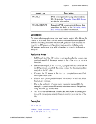 Chapter 7 Multisim SPICE Reference
© National Instruments Corporation 7-59 NI Multisim User Manual
Description
An independent current source is an ideal current source, fully driving the
current in its branch. Every current source statement has three optional
portions describing its output behavior: DC portion which describes its
behavior in DC analysis, AC portion which describes its behavior in
AC analysis, and source_type which describes its behavior in Transient
Analysis.
Additional Notes
• In DC analysis, if the DC portion is not specified, but the source_type
portion is specified, the output voltage is that of the source_type at
time=0.0.
• In transient analysis, if the source_type portion is not specified, but
the DC portion is specified, the output voltage for the duration of the
analysis is the DC value.
• If neither the DC portion or the source_type portion are specified,
the output is zero volts.
• Sources have special parameters that are enclosed in brackets; these
brackets are optional.
• Due to the ambiguity of some source parameter names (SIN, for
example) expressions used in source statements should always have
curly brackets, {}, around them.
• The files used in PWLFILE and PWLFILEREPEAT should be plain
text, with one comma-separated pair of numbers on every line of the
file.
Examples
I1 0 in 10
*1khz, 5Apk current source
I1 0 in sin (0 5 1k)
PWLFILE PWL source generated using data stored in a
file. Refer to the Piecewise Linear File Source
section for information.
PWLFILEREPEAT Repeating PWL source generated using data
stored in a file. Refer to the Piecewise Linear
File Source section for information.
source_type Description
 