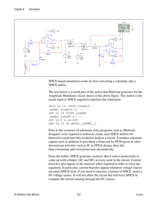 Chapter 8 Simulation
NI Multisim User Manual 8-8 ni.com
SPICE-based simulation works by first converting a schematic into a
SPICE netlist.
The text below is a small part of the netlist that Multisim generates for the
Amplitude Modulator circuit shown in the above figure. This netlist is the
actual input to SPICE required to perform the simulation.
rR10 15 16 15000 vresR10
.model vresR10 r( )
rR9 13 14 15000 vresR9
.model vresR9 r( )
cC2 14 0 2.2e-008
xU4 14 15 16 LM741__OPAMP__1
Prior to the existence of schematic entry programs such as Multisim,
designers were required to tediously create such SPICE netlists for
themselves each time they wished to analyze a circuit. A modern schematic
capture tool, in addition to providing a front-end for PCB layout or other
downstream activities such as IC or FPGA design, does this
time-consuming and error-prone task automatically.
From the netlist, SPICE generates matrices that it solves numerically to
come up with voltages (AC and DC) at every node in the circuit. Current
branches also appear in the matrices when required in order to solve the
equations. In particular, current branches appear whenever voltage sources
are used (SPICE trick: if you need to measure a current in SPICE, insert a
0V voltage source. It will not affect the circuit but will force SPICE to
compute the current running through the 0V source).
 