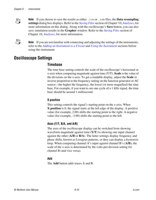 Chapter 9 Instruments
NI Multisim User Manual 9-16 ni.com
Note If you choose to save the results as either .lvm or .tdm files, the Data resampling
settings dialog box displays. Refer to the Saving Files section of Chapter 10, Analyses, for
more information on this dialog. Along with the oscilloscope’s Save button, you can also
save simulation results in the Grapher window. Refer to the Saving Files section of
Chapter 10, Analyses, for more information.
Note If you are not familiar with connecting and adjusting the settings of the instruments,
refer to the Adding an Instrument to a Circuit and Using the Instrument sections before
using this instrument.
Oscilloscope Settings
Timebase
The time base setting controls the scale of the oscilloscope’s horizontal or
x-axis when comparing magnitude against time (Y/T). Scale is the value of
the divisions on the x-axis. To get a readable display, adjust the Scale in
inverse proportion to the frequency setting on the function generator or AC
source—the higher the frequency, the lower (or more magnified) the time
base. For example, if you want to see one cycle of a 1 kHz signal, the time
base should be around 1 millisecond.
X position
This setting controls the signal’s starting point on the x-axis. When
X position is 0, the signal starts at the left edge of the display. A positive
value (for example, 2.00) shifts the starting point to the right. A negative
value (for example, -3.00) shifts the starting point to the left.
Axes (Y/T, B/A, and A/B)
The axes of the oscilloscope display can be switched from showing
waveform magnitude against time (Y/T) to showing one input channel
against the other (A/B or B/A). The latter settings display frequency and
phase shifts, known as Lissajous patterns, or they can display a hysteresis
loop. When comparing channel A’s input against channel B’s (A/B), the
scale of the x-axis is determined by the volts-per-division setting for
channel B (and vice versa).
Add
The Add button adds traces A and B.
 