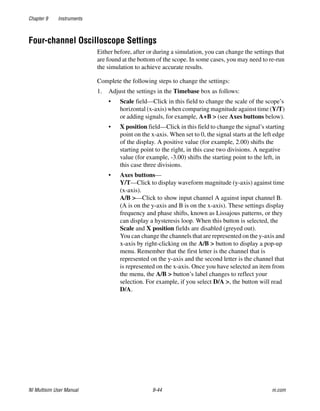 Chapter 9 Instruments
NI Multisim User Manual 9-44 ni.com
Four-channel Oscilloscope Settings
Either before, after or during a simulation, you can change the settings that
are found at the bottom of the scope. In some cases, you may need to re-run
the simulation to achieve accurate results.
Complete the following steps to change the settings:
1. Adjust the settings in the Timebase box as follows:
• Scale field—Click in this field to change the scale of the scope’s
horizontal (x-axis) when comparing magnitude against time (Y/T)
or adding signals, for example, A+B > (see Axes buttons below).
• X position field—Click in this field to change the signal’s starting
point on the x-axis. When set to 0, the signal starts at the left edge
of the display. A positive value (for example, 2.00) shifts the
starting point to the right, in this case two divisions. A negative
value (for example, -3.00) shifts the starting point to the left, in
this case three divisions.
• Axes buttons—
Y/T—Click to display waveform magnitude (y-axis) against time
(x-axis).
A/B >—Click to show input channel A against input channel B.
(A is on the y-axis and B is on the x-axis). These settings display
frequency and phase shifts, known as Lissajous patterns, or they
can display a hysteresis loop. When this button is selected, the
Scale and X position fields are disabled (greyed out).
You can change the channels that are represented on the y-axis and
x-axis by right-clicking on the A/B > button to display a pop-up
menu. Remember that the first letter is the channel that is
represented on the y-axis and the second letter is the channel that
is represented on the x-axis. Once you have selected an item from
the menu, the A/B > button’s label changes to reflect your
selection. For example, if you select D/A >, the button will read
D/A.
 