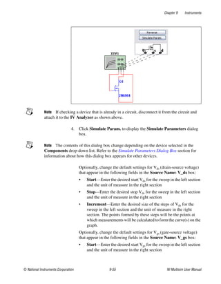 Chapter 9 Instruments
© National Instruments Corporation 9-55 NI Multisim User Manual
Note If checking a device that is already in a circuit, disconnect it from the circuit and
attach it to the IV Analyzer as shown above.
4. Click Simulate Param. to display the Simulate Parameters dialog
box.
Note The contents of this dialog box change depending on the device selected in the
Components drop-down list. Refer to the Simulate Parameters Dialog Box section for
information about how this dialog box appears for other devices.
Optionally, change the default settings for Vds (drain-source voltage)
that appear in the following fields in the Source Name: V_ds box:
• Start—Enter the desired start Vds for the sweep in the left section
and the unit of measure in the right section
• Stop—Enter the desired stop Vds for the sweep in the left section
and the unit of measure in the right section
• Increment—Enter the desired size of the steps of Vds for the
sweep in the left section and the unit of measure in the right
section. The points formed by these steps will be the points at
which measurements will be calculated to form the curve(s) on the
graph.
Optionally, change the default settings for Vgs (gate-source voltage)
that appear in the following fields in the Source Name: V_gs box:
• Start—Enter the desired start Vgs for the sweep in the left section
and the unit of measure in the right section
 