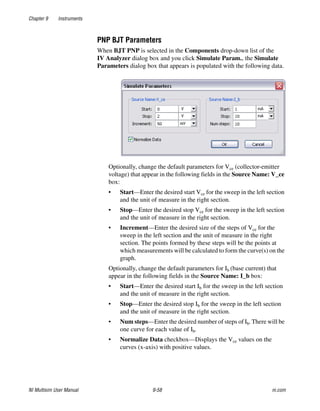 Chapter 9 Instruments
NI Multisim User Manual 9-58 ni.com
PNP BJT Parameters
When BJT PNP is selected in the Components drop-down list of the
IV Analyzer dialog box and you click Simulate Param., the Simulate
Parameters dialog box that appears is populated with the following data.
Optionally, change the default parameters for Vce (collector-emitter
voltage) that appear in the following fields in the Source Name: V_ce
box:
• Start—Enter the desired start Vce for the sweep in the left section
and the unit of measure in the right section.
• Stop—Enter the desired stop Vce for the sweep in the left section
and the unit of measure in the right section.
• Increment—Enter the desired size of the steps of Vce for the
sweep in the left section and the unit of measure in the right
section. The points formed by these steps will be the points at
which measurements will be calculated to form the curve(s) on the
graph.
Optionally, change the default parameters for Ib (base current) that
appear in the following fields in the Source Name: I_b box:
• Start—Enter the desired start Ib for the sweep in the left section
and the unit of measure in the right section.
• Stop—Enter the desired stop Ib for the sweep in the left section
and the unit of measure in the right section.
• Num steps—Enter the desired number of steps of Ib. There will be
one curve for each value of Ib.
• Normalize Data checkbox—Displays the Vce values on the
curves (x-axis) with positive values.
 