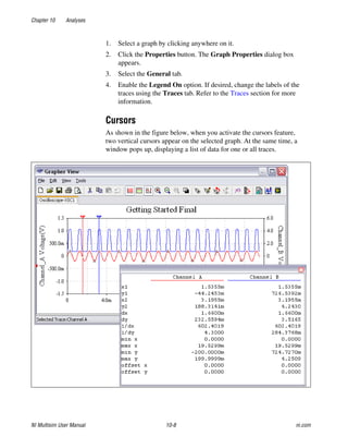 Chapter 10 Analyses
NI Multisim User Manual 10-8 ni.com
1. Select a graph by clicking anywhere on it.
2. Click the Properties button. The Graph Properties dialog box
appears.
3. Select the General tab.
4. Enable the Legend On option. If desired, change the labels of the
traces using the Traces tab. Refer to the Traces section for more
information.
Cursors
As shown in the figure below, when you activate the cursors feature,
two vertical cursors appear on the selected graph. At the same time, a
window pops up, displaying a list of data for one or all traces.
 
