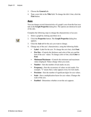 Chapter 10 Analyses
NI Multisim User Manual 10-12 ni.com
3. Choose the General tab.
4. Type a new title in the Title field. To change the title’s font, click the
Font button.
Axes
You can change several characteristics of a graph’s axes from the four axes
tabs in the Graph Properties dialog box. The options are identical in each
of the tabs.
Complete the following steps to change the characteristics of an axis:
1. Select a graph by clicking anywhere on it.
2. Click the Properties button. The Graph Properties dialog box
appears.
3. Click the Axis tab for the axis you want to change.
4. Change any of the axis’ characteristics, using the following fields:
• Label—Label for the axis. To change the axis font, click Font.
• Pen Size—Controls the thickness and color of the axis and the
font of the axis’ values. To change color or font, click Color or
Font.
• Minimum/Maximum—Controls the minimum and maximum
values displayed. Values change when you zoom.
• Number—Sets the number of tick marks on axis.
• Frequency—Sets the occurrence of values on tick marks. For
example, “2” means that a value appears every two tick marks.
• Precision—Sets the number of significant digits for axis values.
• Scale—Sets a multiplication factor for axis values. Changes the
scale of the axis.
• Enabled—Determines whether or not the axis appears.
 