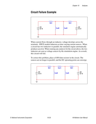 Chapter 10 Analyses
© National Instruments Corporation 10-33 NI Multisim User Manual
Circuit Failure Example
When current flows through an inductor, voltage develops across the
terminals. SPICE models inductors as time-varying current sources. When
a circuit has two inductors in parallel, the simulator engine automatically
produces an error. When running any analysis for the circuit above, the two
inductors are seen as voltage sources by the simulation engine. As a result,
this circuit will fail.
To correct this problem, place a 0.001ohm resistor in the circuit. The
sources are no longer in parallel, and the DC operating point can converge.
 