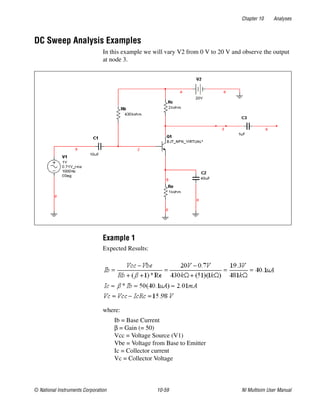 Chapter 10 Analyses
© National Instruments Corporation 10-59 NI Multisim User Manual
DC Sweep Analysis Examples
In this example we will vary V2 from 0 V to 20 V and observe the output
at node 3.
Example 1
Expected Results:
where:
Ib = Base Current
β = Gain (= 50)
Vcc = Voltage Source (V1)
Vbe = Voltage from Base to Emitter
Ic = Collector current
Vc = Collector Voltage
 