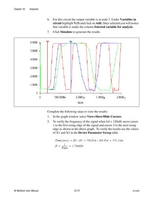 Chapter 10 Analyses
NI Multisim User Manual 10-72 ni.com
6. For this circuit the output variable is at node 3. Under Variables in
circuit highlight V(3) and click on Add. Once selected you will notice
that variable is under the column Selected variable for analysis.
7. Click Simulate to generate the results.
Complete the following steps to view the results:
1. In the graph window select View»Show/Hide Cursors.
2. To verify the frequency of the signal when L0 = 120uH, move cursor
1 to the first rising edge of the signal and cursor 2 to the next rising
edge as shown in the above graph. To verify the results use the values
of X1 and X2 in the Device Parameter Sweep table.
 